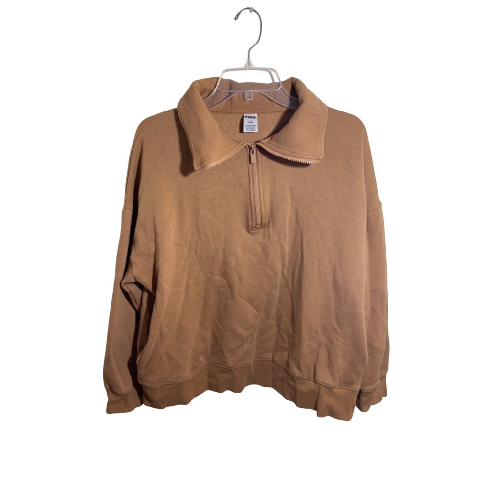 Victorias Secret PINK Quarter Zip Sweatshirt Tan Camel Fleece Pullover Large - Picture 1 of 5
